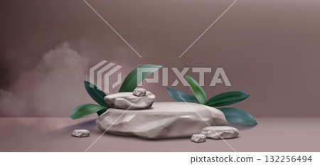 Stone podium with rock blocks and green leaves 132256494