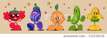 Retro vegetable characters isolated on background Retro vegetable characters isolated on background 132256516