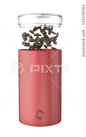 Red electric coffee grinder with coffee beans 132256563