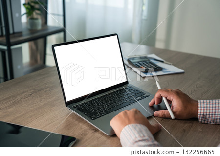 work online with a screen mockup deal and copy space for remote work, finance, and UI design. 132256665