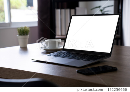 new project on laptop computer with blank Minimal workspace for your advertising text message 132256666