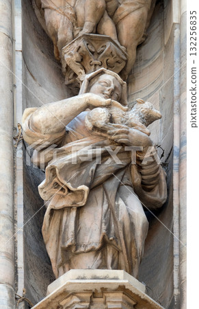 Statue of Saint on the facade of the Milan Cathedral, Duomo di Santa Maria Nascente, Milan, Lombardy, Italy 132256835