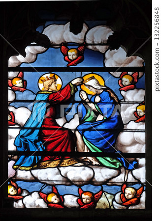 Coronation of the Virgin Mary, stained glass window in Saint Severin church in Paris, France Coronation of the Virgin Mary, stained glass window in Saint Severin church in Paris, France 132256848
