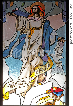 Assumption of Virgin Mary stained glass window in Mother Teresa cathedral in Vau i Dejes, Albania 132256854