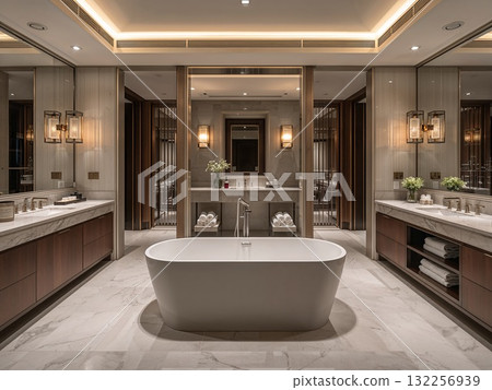 Modern and sophisticated luxury hotel bathroom (washroom and bathtub) 132256939