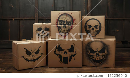 Cardboard boxes with scary faces painted on them 132256940