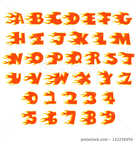 Burning flame racing style alphabet and number clipart 132256950