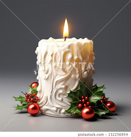 an AI Image Generator, Festive Candle with Holly and Red Ornament Accents an AI Image Generator, Festive Candle with Holly and Red Ornament Accents 132256954