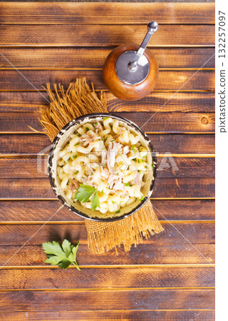 pasta with chicken and onion 132257097