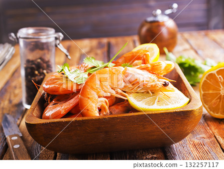 Top view of shrimps on a table Top view of shrimps on a table 132257117
