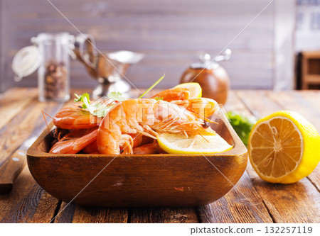 Top view of shrimps on a table 132257119