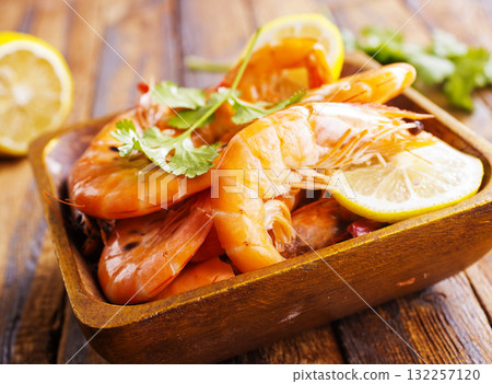 Top view of shrimps on a table Top view of shrimps on a table 132257120