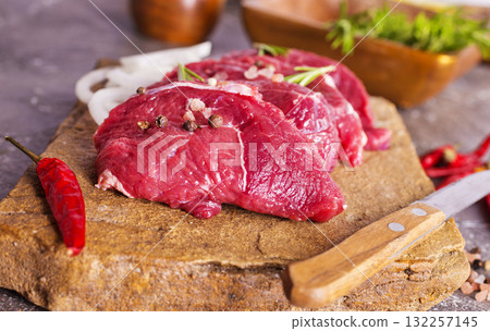 Raw meat on a table with spices 132257145