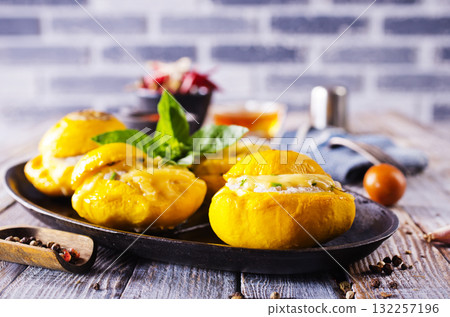 Stuffed pattypan squash, vegetarian food Stuffed pattypan squash, vegetarian food 132257196