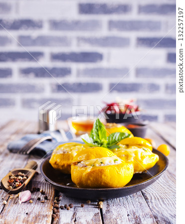 Stuffed pattypan squash, vegetarian food Stuffed pattypan squash, vegetarian food 132257197