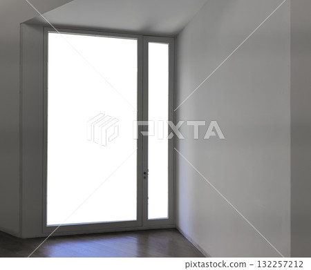 Window mockup in modern interior. Empty room with clean white wall, wooden floor and ceiling shows Window mockup in modern interior. Empty room with clean white wall, wooden floor and ceiling shows 132257212