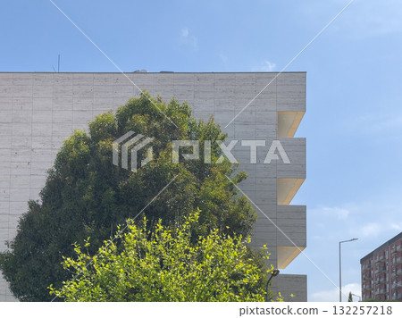 Architecture blends modern building with nature. Concrete balconies lined with greenery show eco 132257218