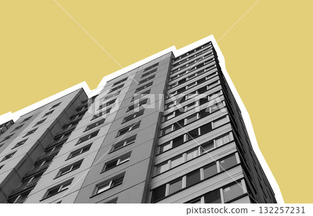 Building collage art in cityscape. Creative concrete multistorey block displays patterned window Building collage art in cityscape. Creative concrete multistorey block displays patterned window 132257231