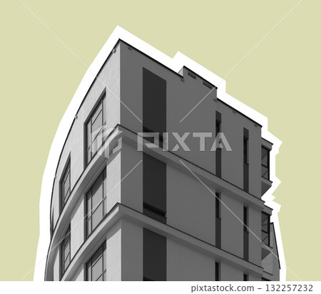 Building collage art in modern city. Creative concrete highrise facade with window pattern reflects 132257232
