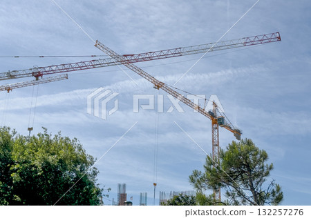 Construction cranes. Urban development rises beside park trees, contrasting industrial expansion Construction cranes. Urban development rises beside park trees, contrasting industrial expansion 132257276