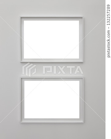 Frame pair on wall. Stylish white rectangle mockup with minimalist thin border creates contemporary Frame pair on wall. Stylish white rectangle mockup with minimalist thin border creates contemporary 132257289