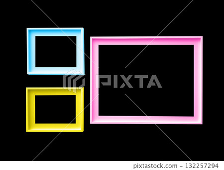 Frame set in modern gallery interior. Multiple colorful painted wooden rectangles of different sizes Frame set in modern gallery interior. Multiple colorful painted wooden rectangles of different sizes 132257294