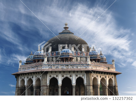 Historic tomb of Isa Khan. Indian 16th century mausoleum, Indo Islamic architecture with large dome, 132257302
