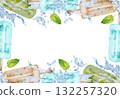 Pistachio and bubble gum popsicle with fresh mint leaves in water splashes and drops. Isolated frame illustration hand drawn in watercolor. Frozen snack menu, fruit pop set, gourmet food blog visuals. 132257320