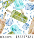 Melting vanilla caramel matcha popsicle lolly, ice cube cold splash droplets. Isolated seamless pattern illustration hand drawn in watercolor. Dessert branding, cocktail menu art, kids party design. 132257321