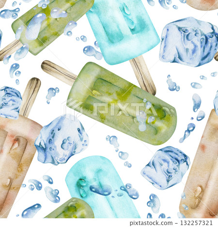 Melting vanilla caramel matcha popsicle lolly, ice cube cold splash droplets. Isolated seamless pattern illustration hand drawn in watercolor. Dessert branding, cocktail menu art, kids party design. Melting vanilla caramel matcha popsicle lolly, ice cube cold splash droplets. Isolated seamless pattern illustration hand drawn in watercolor. Dessert branding, cocktail menu art, kids party design. 132257321