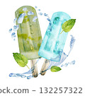 Soft green pistachio popsicle ice cream lolly with fresh mint garnish, splashing water waves, drops. Isolated illustration hand drawn in watercolor. Botanical sweet label, summer stationery, poster. 132257322