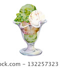 Pistachio mint vanilla gelato ice cream ball scoops in glass sundae tulip transparent bowl. Isolated illustration hand drawn in watercolor. Gourmet branding, summer menu planner, foodie wall art. 132257323