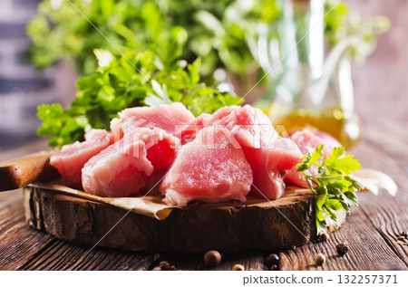 raw meat with spice on wooden board 132257371