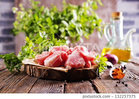 raw meat with spice on wooden board 132257375