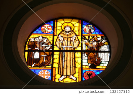 Saint Francis of Assisi, stained glass window in Franciscan church in Shkoder, Albania 132257515