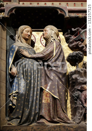 Visitation of the Virgin Mary, carved and painted frieze inside Notre Dame Cathedral in Paris, France 132257525
