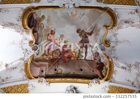 Martyrdom of St. Faustinus and Simplicius, fresco by Matthaus Gunther in Benedictine monastery church in Amorbach, Lower Franconia in Bavaria, Germany 132257535