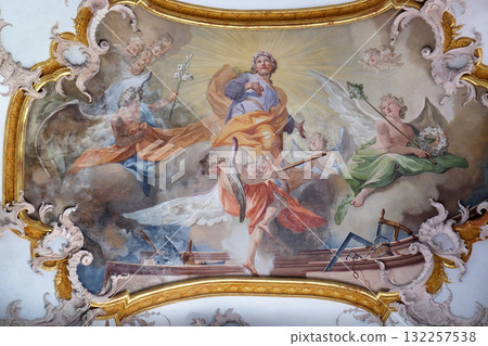 Saint Joseph, fresco by Matthaus Gunther in Benedictine monastery church in Amorbach, Germany 132257538