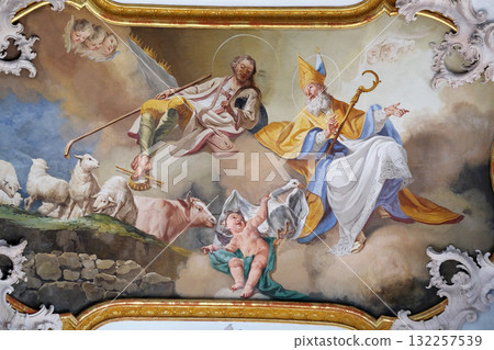 Saint Martin and Saint Wendelin, fresco by Matthaus Gunther in Benedictine monastery church in Amorbach, Germany 132257539