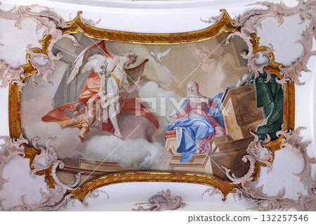 Annunciation of Mary, fresco by Matthaus Gunther in Benedictine monastery church in Amorbach, Germany 132257546