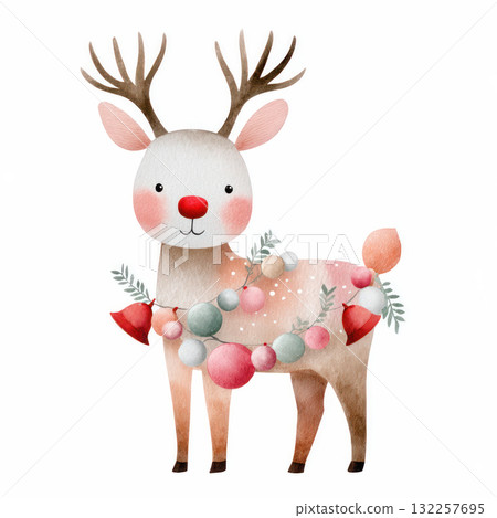 Cute watercolor illustration of a reindeer adorned with colorful ornaments and greenery, embodying the festive spirit of Christmas celebrations Cute watercolor illustration of a reindeer adorned with colorful ornaments and greenery, embodying the festive spirit of Christmas celebrations 132257695