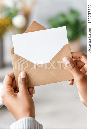 Hands holding a brown envelope with a blank card inside, showcasing a personal touch in communication and the art of letter writing Hands holding a brown envelope with a blank card inside, showcasing a personal touch in communication and the art of letter writing 132257702