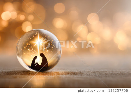 Glass ornament showcasing a nativity scene with a glowing star, surrounded by a warm bokeh background, capturing the essence of Christmas spirit 132257706