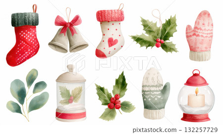 Colorful Christmas decorations including mittens, stockings, bells, and holly leaves in a festive arrangement for seasonal celebration Colorful Christmas decorations including mittens, stockings, bells, and holly leaves in a festive arrangement for seasonal celebration 132257729