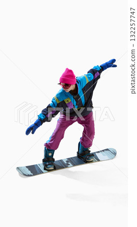 Snowboarder in retro outfit balancing with open arms isolated on white background 132257747