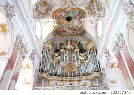 Organ in Amorbach Benedictine monastery church in the district of Miltenberg in Lower Franconia in Bavaria, Germany Organ in Amorbach Benedictine monastery church in the district of Miltenberg in Lower Franconia in Bavaria, Germany 132257842