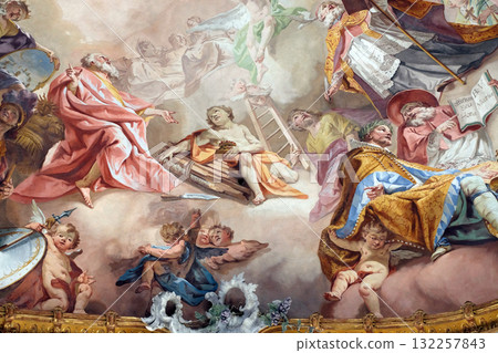 Last Judgment and Glorification of the Benedictine Order, detail of fresco by Matthaus Gunther in Benedictine monastery church in Amorbach, Germany Last Judgment and Glorification of the Benedictine Order, detail of fresco by Matthaus Gunther in Benedictine monastery church in Amorbach, Germany 132257843