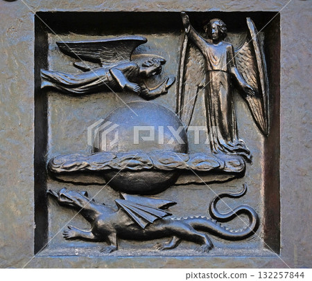 God, the Creator of Heaven, relief on the door of the Grossmunster ("great minster") church in Zurich, Switzerland 132257844