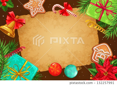 Merry Christmas cookies and scroll parchment paper decorated with gingerbread cookies, candy cane, shiny baubles, wrapped gifts and festive pine branches on a wooden cartoon vector rustic background 132257991