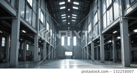 High Bay Warehouse Architecture A towering warehouse space with exposed structural beams and ventilation systems visible below the ceiling. The 132258007